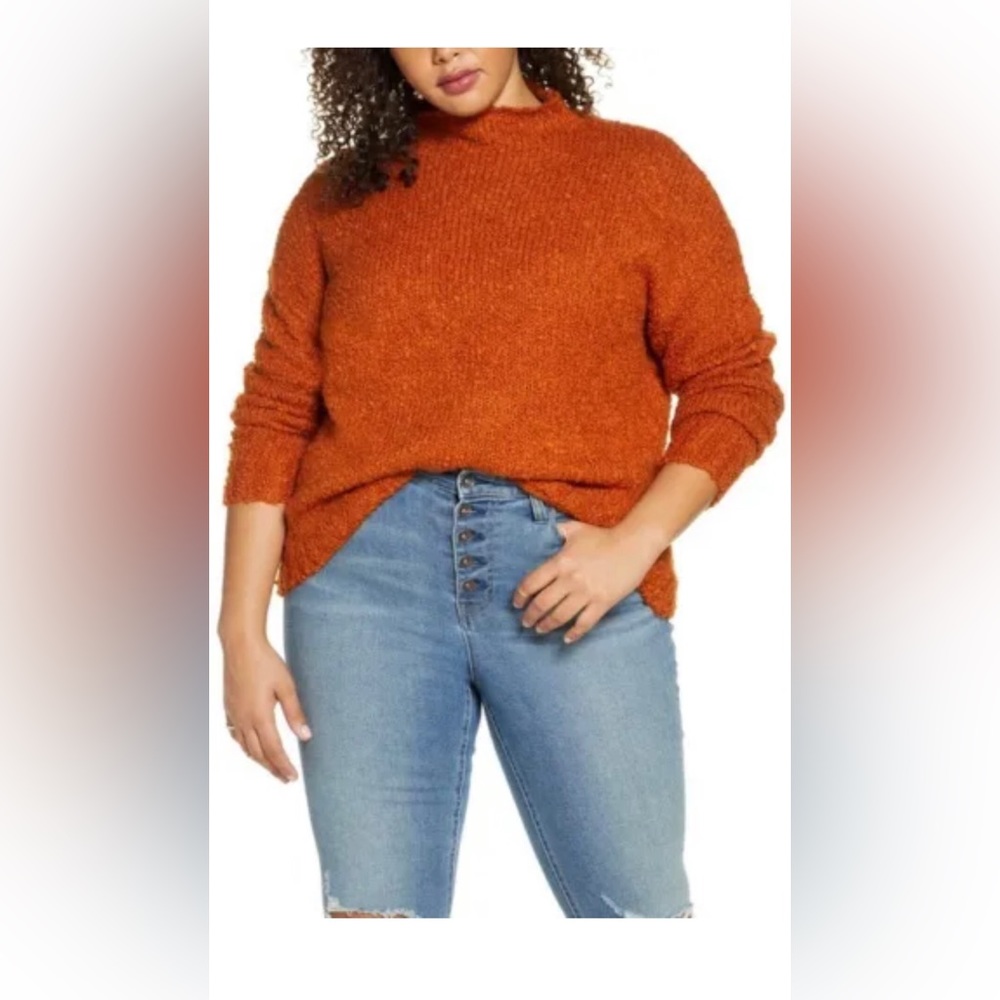 BP Womens Sz 1X Funnel Neck Bouclé Sweater Pullover Long Sleeve Rust Umber